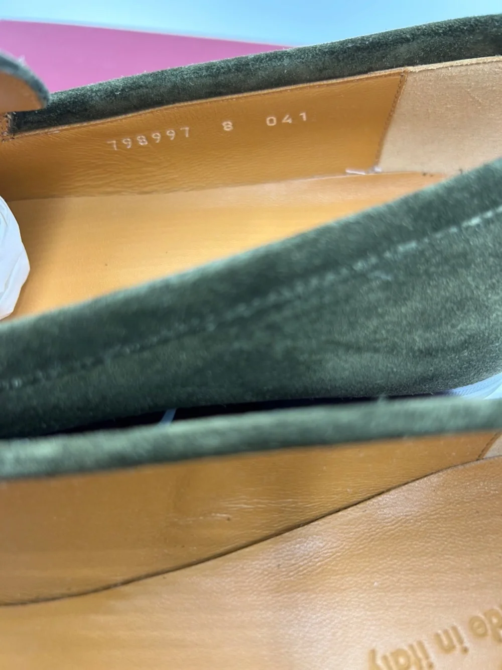 Men’s Gucci Jordy Guccissima Olive Green Suede Loafers. Size 8. Made in Italy.